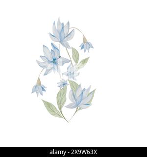 Acquerello Blu Fiori Cornflowers. Composizione luminosa con fiori, Twig, foglie. Elemento di design per schede, poster, opuscoli, imballaggi cosmetici, te Foto Stock