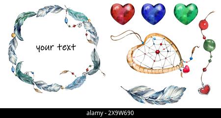 Set con cornice leggera Wreath Blue Feathers and Beads, Dreamcatcher, Hearts. Illustrazione acquerello. Sfondo bianco isolato. Per imballaggio, cartolina Foto Stock
