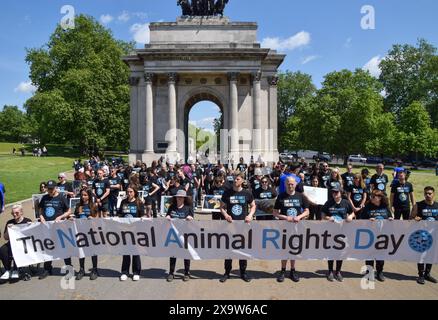 Londra, Inghilterra, Regno Unito. 2 giugno 2024. Gli attivisti per i diritti degli animali si riuniscono con immagini di animali accanto all'Arco di Wellington a Hyde Park Corner per il memoriale del National Animal Rights Day. L'evento annuale, che si svolge in numerosi paesi in tutto il mondo, onora i miliardi di animali uccisi, maltrattati e sfruttati dagli esseri umani e celebra il progresso verso la libertà per tutte le specie. (Credit Image: © Vuk Valcic/ZUMA Press Wire) SOLO PER USO EDITORIALE! Non per USO commerciale! Foto Stock