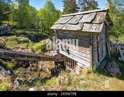 Il Nordfjord Museum of Cultural History ha una serie di proprietà in legno conservate di un'epoca diversa, molte delle quali hanno tetti erbosi. Foto Stock