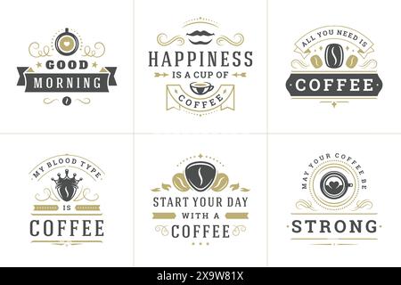 Il caffè cita frasi ispiratrici stile tipografico vintage e illustrazioni vettoriali. Acquista i simboli di motivazione dei chicchi di caffè e delle tazze promozionali. Illustrazione Vettoriale