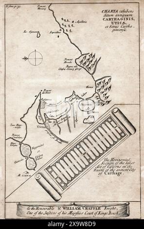 Mappa che mostra l'antico sito di Cartagine, Utica e il golfo di Cartagine, oltre alla sezione orizzontale della piccola serie di cisterne tra le rovine dell'antica città di Cartagine. Foto Stock