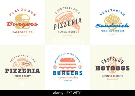 Incisione di loghi ed etichette per fast food con moderna tipografia vintage illustrazione vettoriale con set di disegni a mano. Hamburger, pizza e hot dog Illustrazione Vettoriale