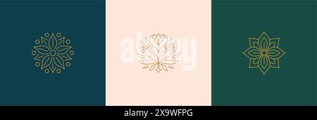 Set di elementi decorativi minimali Vector line - illustrazioni di fiori di rosa e foglie botaniche semplice stile lineare minimale. Impacchettate outli mistici Illustrazione Vettoriale