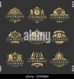 Loghi Luxury monogrammi modelli di design per cresta illustrano i vettori. Ornamenti in vignetta vintage Royal Brands. Illustrazione Vettoriale