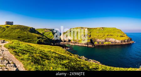 Vista panoramica di mattina presto su Tintagel Haven da Barras Nose, Tintagel, Cornovaglia, Regno Unito Foto Stock