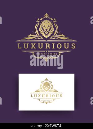 Decorazioni di lusso, modello con logo vintage, illustrazione vettoriale e silhouette a testa di leone. Le vignette del marchio Royal sono perfette per boutique o ristoranti Illustrazione Vettoriale