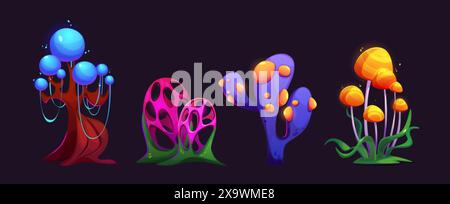 Piante magiche color neon isolate su sfondo nero. Illustrazione vettoriale di alberi da fiaba, fiori, funghi che si illuminano di blu, rosa, giallo Illustrazione Vettoriale