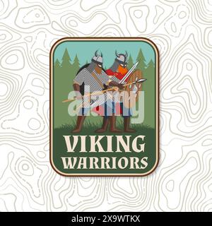 Logo Vikings Warrior, distintivo, adesivo. Illustrazione vettoriale. Per emblemi, etichette e patch. Scudo araldico con motivo a patch e casco vichingo con Illustrazione Vettoriale