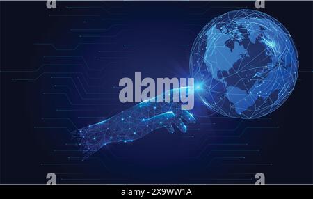 Tecnologia astratta toccate il mondo con la tecnologia di comunicazione digitale Illustrazione Vettoriale