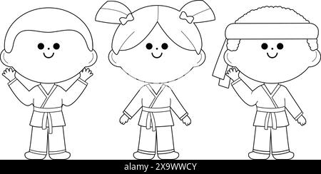 Gruppo di bambini in uniforme di arti marziali. Karate Kids atleti, ragazzi e ragazze. Illustrazione vettoriale Illustrazione Vettoriale
