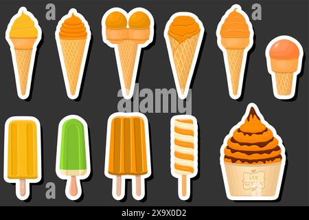 Illustrazione del grande kit a tema di gelateria con ghiaccioli diversi tipi di tazza per waffle a cono, gelato con gustoso ghiacciolo su tazza per waffle a cono, popsic Illustrazione Vettoriale