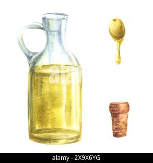 Olio d'oliva in bottiglia di vetro con sughero e frutta a bacca d'oliva con una goccia di olio. Illustrazione degli alimenti disegnati a mano in acquerello. Per cucinare salsa di verdure grasse Foto Stock