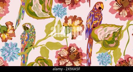 Pappagalli e fiori. Uccelli e piante esotiche tropicali. Illustrazione Vettoriale