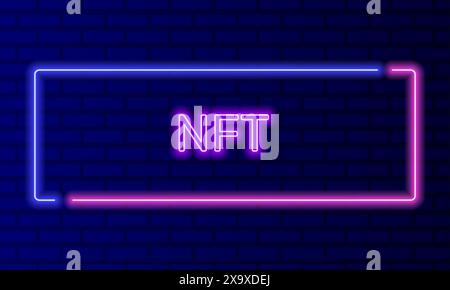 Segno neon nft nella cornice a bolla sul vettore di sfondo della parete di mattoni. Banner luminoso sullo sfondo della parete. Tecnologia blockchain con crittografia NFT Button Illustrazione Vettoriale