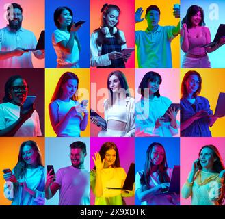 Collage fatto di ritratti di giovani uomini e donne che utilizzano diversi gadget per il lavoro e la comunicazione con luce al neon su sfondo multicolore. Foto Stock