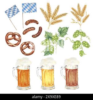 Elementi dell'Oktoberfest in acquerello. Tazze spremute con birra chiara e scura, salsicce alla griglia, pretzel salati, frumento, luppolo e bandiere bavaresi. Cliparts per design festivi, festeggiamenti, birreria Foto Stock