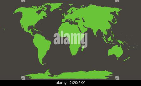 Silhouette verde della mappa del mondo su sfondo grigio. Foto Stock