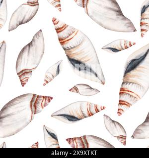 Motivo a conchiglia bianca senza cuciture. Carta da parati della barriera corallina oceanica. Illustrazione ad acquerello disegnata a mano isolata su sfondo bianco. Design in tessuto Foto Stock