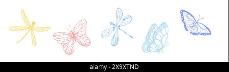 Insieme vettoriale di farfalle e libellule. Insetti lineari dipinti a mano. Clipart grafico isolato sullo sfondo. Illustrazione botanica e di nozze. Fil Illustrazione Vettoriale
