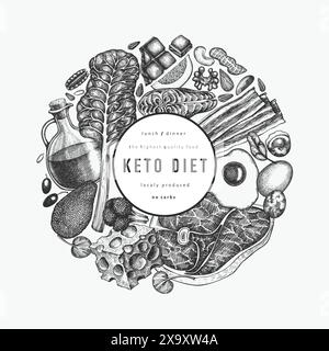 Modello di progettazione Keto Diet. Banner di cibo sano disegnato a mano vettoriale. Illustrazione del menu chetogeno in stile vintage. Illustrazione Vettoriale