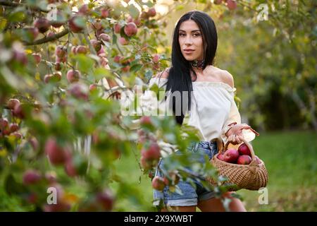 Attraente giovane agricoltore che porta in giardino un cesto con mele mature. Ritratto di una bella donna con i capelli lunghi che guarda la macchina fotografica mentre cammina nel frutteto di mele al caldo giorno autunnale. Concetto di mietitura. Foto Stock