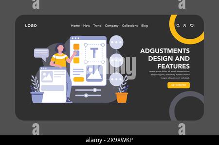 Design di regolazione modalità notte o buio Web o landing page. Un progettista esegue un'iterazione delle funzioni del prodotto, utilizzando l'analisi del feedback per migliorare l'interfaccia utente e l'esperienza. Precisione nell'editing digitale. Illustrazione Vettoriale