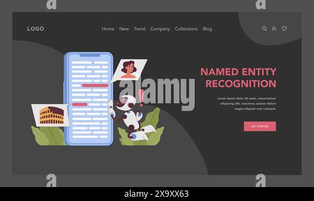 Concetto di riconoscimento delle entità con nome. L'INTELLIGENZA ARTIFICIALE individua le informazioni chiave nei dati, migliorando l'analisi del testo e la comprensione contestuale. Identificazione intelligente e precisa. Comprensione del linguaggio. Vettore piatto Illustrazione Vettoriale