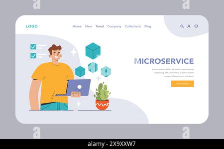 Concetto di architettura di microservizi. Uno sviluppatore organizza servizi indipendenti per lo sviluppo agile delle applicazioni. Design modulare per semplificare la risoluzione dei problemi e gli aggiornamenti. Illustrazione vettoriale piatta Illustrazione Vettoriale