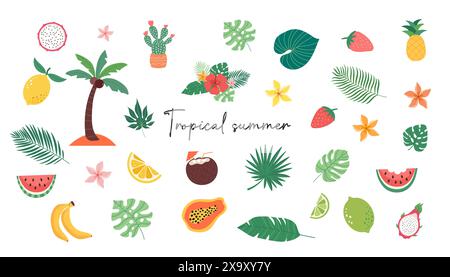 Banner e poster per gli sconti estivi. Set di illustrazioni vettoriali per banner Web e social media, materiale stampato, design di newsletter, coupon, marketing. Illustrazione Vettoriale