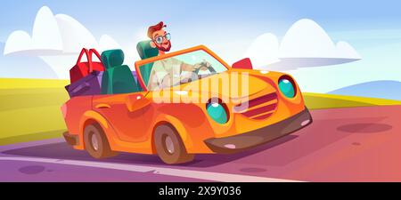 Un giovane sorridente guida su una cabriolet con bagagli in valigie e valigie su strada nelle soleggiate giornate estive. Paesaggio vettoriale cartoni animati con felice guida di un personaggio maschile su un veicolo decappottabile in autostrada. Illustrazione Vettoriale