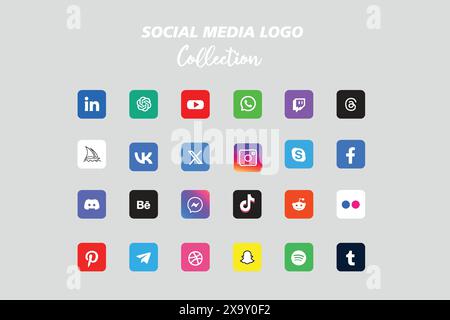 Raccolta di icone con logo sui social network. Icona dei social media Illustrazione Vettoriale