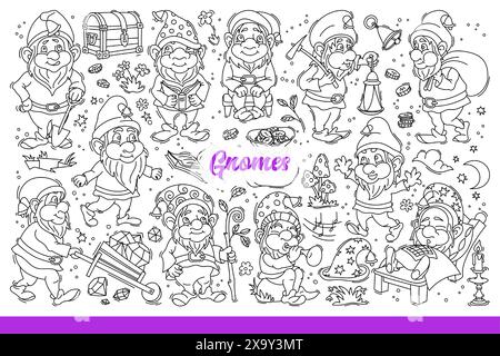 Gnomi divertenti dell'universo fiabesco che riposano o estraggono pietre preziose. Avventure di gnomi che camminano e coltivano piante in giardino o suonano tromba musicale. Scarabocchio disegnato a mano Illustrazione Vettoriale