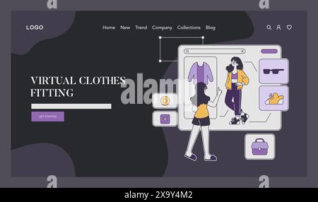 Concetto di tecnologia della moda. Piattaforma interattiva per vestiario virtuale. Shopping online, guardaroba digitale e selezione di stili. Illustrazione vettoriale. Illustrazione Vettoriale