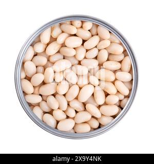 Fagioli bianchi in lattina aperta. Fagioli cannellini cotti e in scatola, una varietà di fagioli comuni, Phaseolus vulgaris, un alimento base vegetariano. Foto Stock