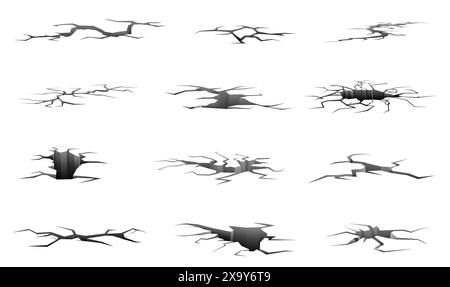 Incrinature di massa. Effetti sismici o siccità. Dividi superficie. Fori 3D profondi. Massa danneggiata. Pareti o pavimento in cemento rovinato e incrinati. Sfaldamenti di distruzione Illustrazione Vettoriale