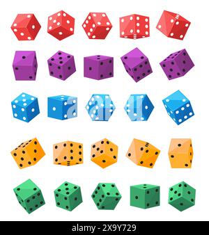 Giochi d'azzardo a colori. Cubi di poker da casinò 3D in diverse posizioni. Taglia le facce con numeri di punti neri. Pezzi da gioco in plastica. Osso dei giocatori d'azzardo Illustrazione Vettoriale