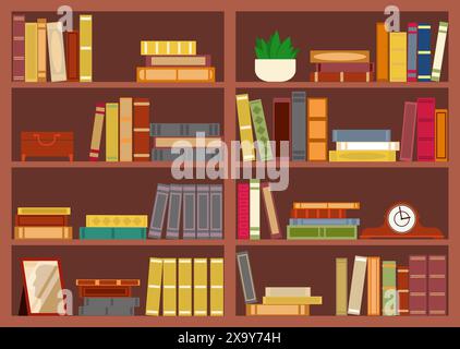 Libreria con libri. Armadio in legno marrone con ripiani. Scaffalature della biblioteca. Letteratura di finzione o didattica. Scaffali in stile piatto. Interno Illustrazione Vettoriale