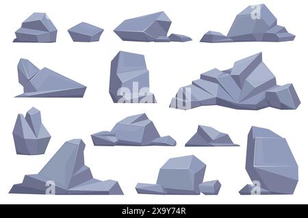 Rocce e pietre di cartoni animati. Massi grigi. Ghiaia di granito. Ciottoli incrinati. Minerali geologici. Dimensioni diverse. Oggetti rocciosi poligonali. Naturale Illustrazione Vettoriale