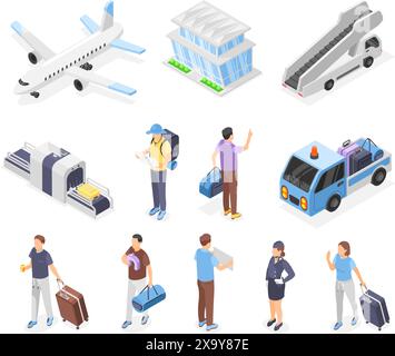 Elementi aeroportuali isometrici. Viaggiatori con valigie, nastro di controllo bagagli e aereo. Set turistico isolato, vacanze, clipart vettoriale impeccabile Illustrazione Vettoriale