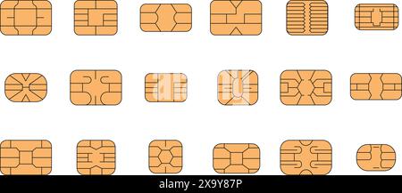 Chip della scheda SIM. Microchip per computer, memoria isolata o dati delle carte di credito. Elementi di pagamento contactless, sicurezza personale in atm, vettore decente Illustrazione Vettoriale