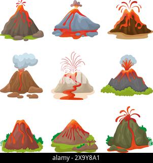 Vulcano cartoon. Processi di eruzione, vulcani con magma e fontane del fuoco. Flussi di lava, eruzioni vulcaniche disastri naturali vettoriali neoterici Illustrazione Vettoriale