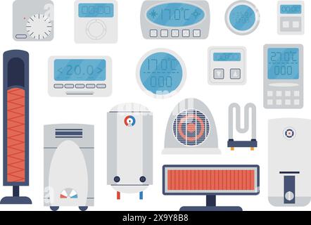 Termostati a cartoni animati e sistemi di riscaldamento. Icone piatte del radiatore, controller di raffreddamento e indicatori. Elementi di case intelligenti, controllo del clima vettore decente Illustrazione Vettoriale