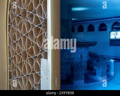 Camera ablution decorata con piastrelle a mosaico blu, vista dalla porta laterale della Moschea Jame' ASR Hassanil Bolkiah, che prende il nome dal 29° e attuale sultano di B. Foto Stock