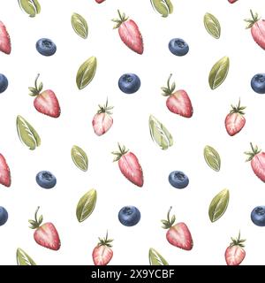 Fragole, mirtilli e foglie su fondo bianco. Illustrazione acquerello. Motivo senza cuciture da un grande set di DOLCI. Per tessuto, cucina Foto Stock