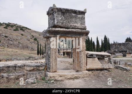 Sarcofagi nella necropoli, Hierapolis antica città greca ellenistica, Pamukkale, provincia di Denizli, Turchia Foto Stock