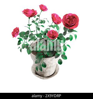 Illustrazione in 3D di una pianta in vaso con rose rosse vivaci su uno sfondo bianco Foto Stock