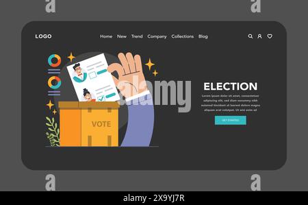 Modalità Web elettorale o di atterraggio buio o notturna. Procedura democratica, cittadini che scelgono il partito politico o il candidato. Carattere che controlla una votazione su un referendum. Illustrazione vettoriale piatta Illustrazione Vettoriale