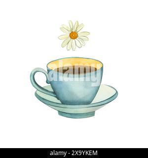 Illustrazione acquerello. Tazza blu con tè, fiore di camomilla, tè alle erbe. Tutti i prodotti sono dipinti a mano con acquerelli. Foto Stock