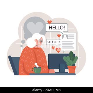 Affascinante donna anziana ama gli incontri online, ricevere messaggi caldi e complimenti pieni di cuore da potenziali partner. Illustrazione vettoriale piatta Illustrazione Vettoriale